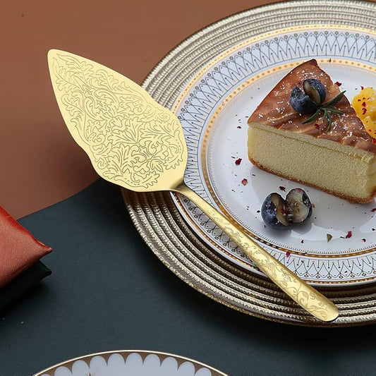 Berglander Gold Wedding Cake Knife and Server Set, Titanium Gold Plating With Unique Pattern Design Cake Cutter Serving Set Perfect For Wedding, Birthday, Parties and Events Dishwasher Safe