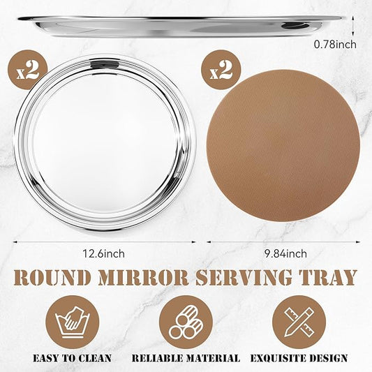 LemonRoad 2 Set Round Silver Mirror Decorative Tray 12.6 Inch Stainless Steel Metal Serving Tray Mirrored Finish Circular Bar Platter with Anti Slip Mat Vanity Kitchen Organizer for Home