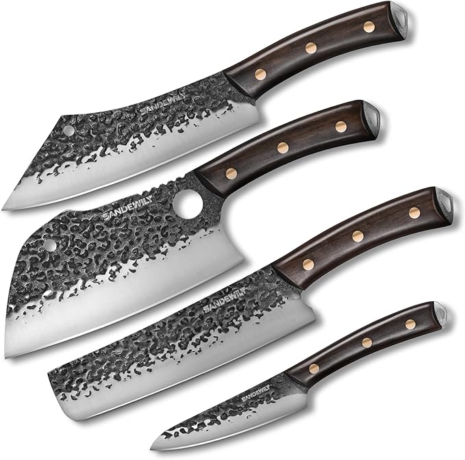 4-Piece Butcher Knife Set with 7” Cleaver, 8” Chef Knife, 8” Nakiri & 5” Utility Knife – Hand Forged Full Tang Kitchen Knives with Sharpening Stone for BBQ, Meat, Veggies & Outdoor Cooking