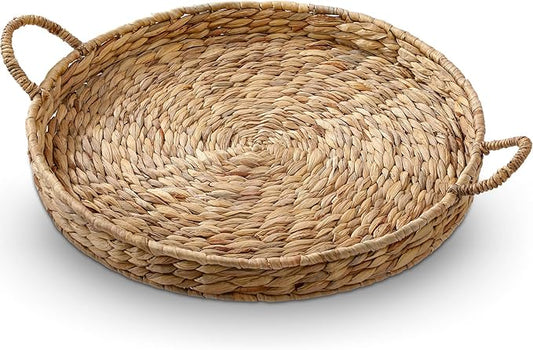 Round Woven Hyacinth Serving Tray with Handles Rattan Decorative Storage Basket for Fruit Arts Crafts Breakfast Coffee Table Dining, 1.97 x 21.65 Inches