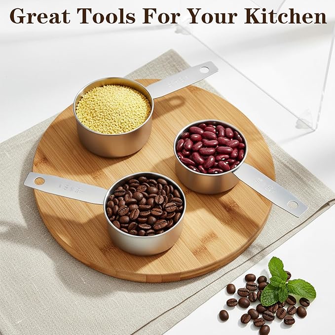 4 Pcs Stainless Steel Measuring Cup, 1, 1/2, 1/3, 1/4 Cup - 250, 125, 80, 60ml Metal Measuring Cups Scoop, Comfortable Hand Feeling Measurings Scoops for Coffee Cooking Baking Kitchen, Dishwasher Safe