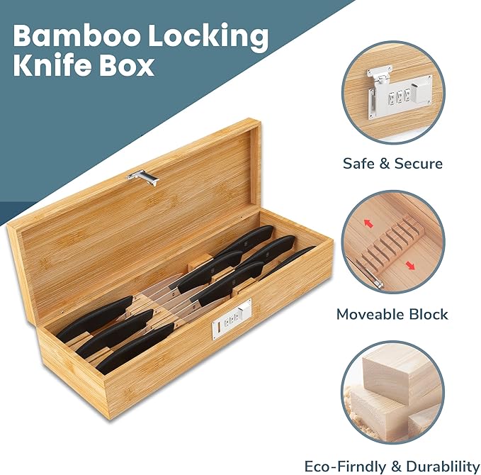 Upgraded Combination Lock Bamboo Locking Kitchen Knife Storage – Secure & Eco-Friendly Wooden Knife Box with Improved Quality, Fits in Drawers & Keeps Knives Safe