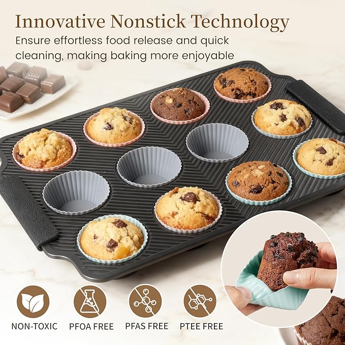 Kikcoin 2 PCS Stackable Baking Pans Set, Non-stick Bakeware Sets with Silicone Handles, 450°F Oven Safe Muffin & Donut Pan for Baking, Easy Release Heavy-duty Baking Sheets Non Stick, Black