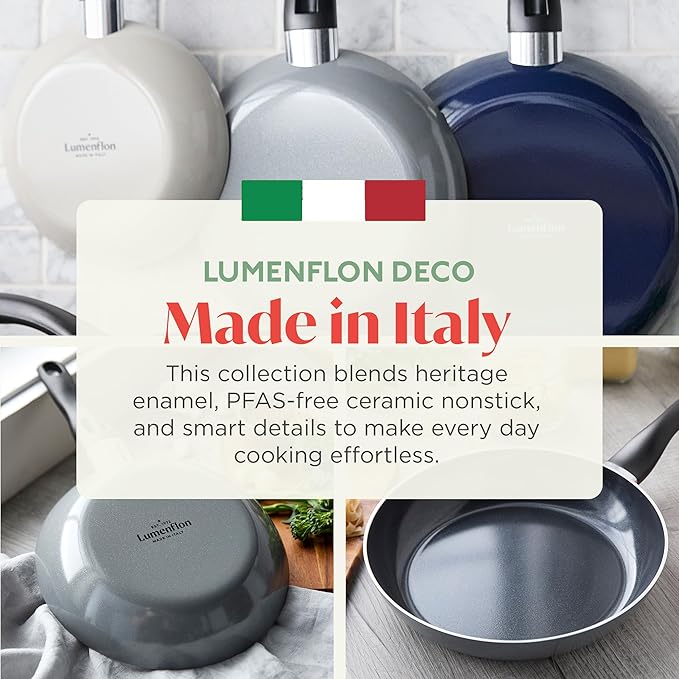 Lumenflon Deco 11” Nonstick Frying Pan Skillet, Made in Italy, Diamond Ceramic PFAS-Free, Dishwasher & Metal Utensil Safe, Durable Gloss Enamel Finish, Stay-Cool Handle, High Walls-Extra Room, Gray