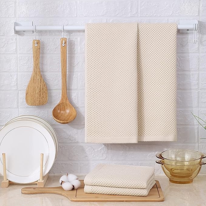 Kitinjoy 100% Cotton Waffle Weave Kitchen Towels, 8-Pack Super Soft and Absorbent Dish Towels for Drying Dishes, Kitchen Hand Towels, 13 in x 28 in, Beige