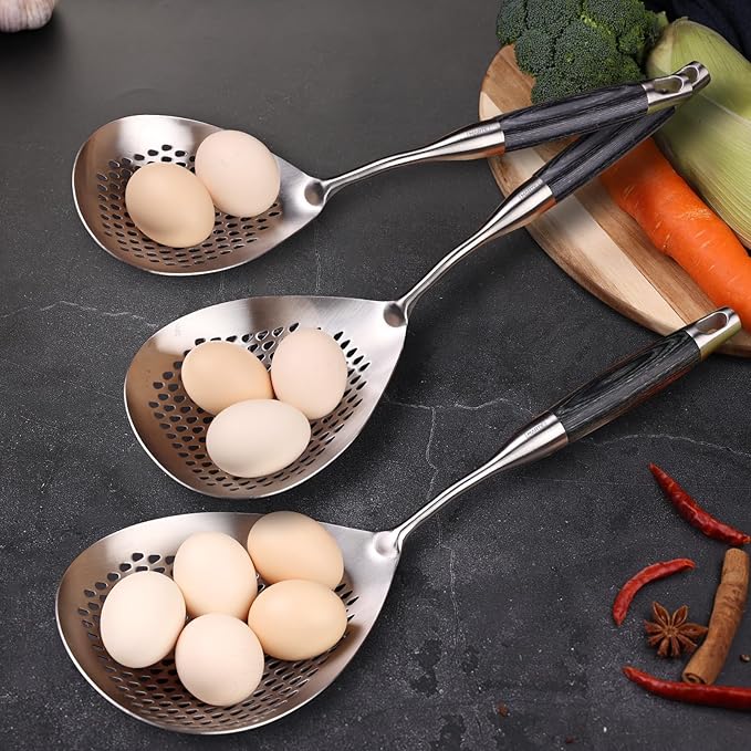 MARTE Skimmer Slotted Spoon,304 Stainless Steel Pasta Spider Strainer Ladle for Frying and Cooking,Set of 2 Kitchen Colanders & Food Strainers，Serving Spoon with Heat-Resistant Solid Wood Handle