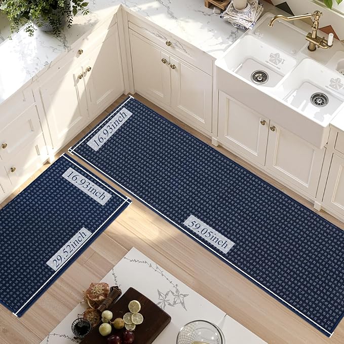 Kitchen Rugs,Non Slip Absorbent Kitchen Mats for Floor-Thick Stain Resistant Washable Kitchen Floor Mat Runner Carpet for Hallways,Entryway,Laundry Room,Sink(17"x29"+17"x59",Navy Blue,Roll Package)