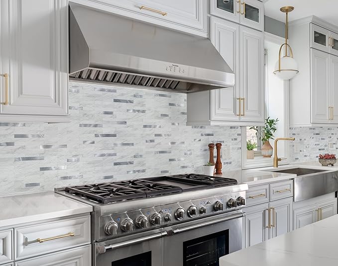 2 Sheets Peel and Stick Backsplash for Kitchen, White Marble with Metal Silver Look Stick on Tile Upgrade Your Kitchen Backsplash, RV, Fireplace