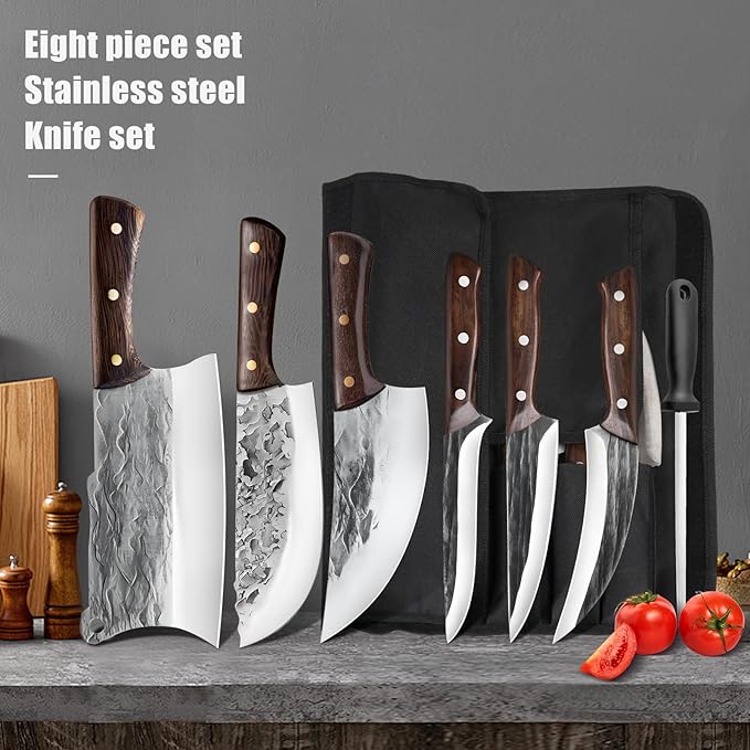ZENG 7 Pieces Butcher Knife Set with Roll Bag, Chef Knife Set for Meat Cleaver Cutting & Viking Knives with Ergonomic Handles, Stainless Steel Hand Forged Kitchen Knife Set for Home, Cooking, Camping