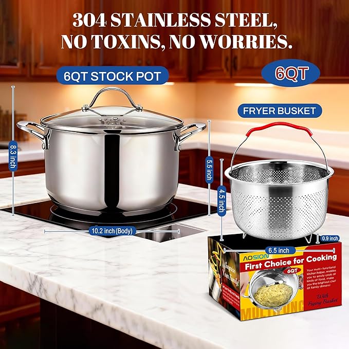 AOSION 6 Quart Stainless Steel Stock Pot with Deep Fryer Basket, 6QT Large Stockpot with Glass Strainer Lid,Ollas De Cocina for Spaghetti, Pasta Pot with Strainer,Compatible with All Cooktops.