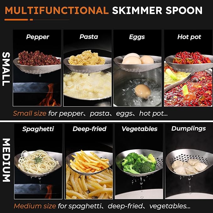 MARTE Skimmer Slotted Spoon,304 Stainless Steel Pasta Spider Strainer Ladle for Frying and Cooking,Kitchen Colanders & Food Strainers Set of 2，Slotted Spoon with Heat-Resistant Solid Wood Handle