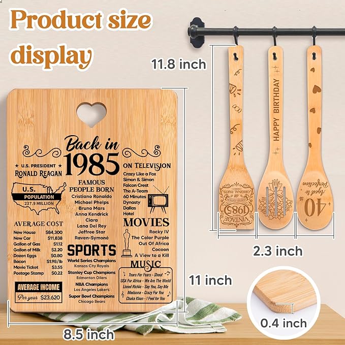 40th Birthday Gifts Women - "Back in 1985" 40th Birthday Gifts Men Cutting Board, Bamboo-Made Engraved "Year 1985 News" 40th Birthday Gifts for Women