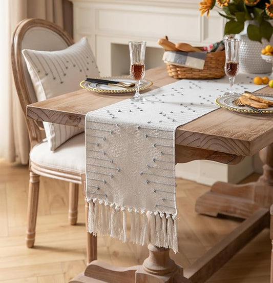 Boho Table Runner 13 x 48 Inch Long Natural Cotton Woven Runner with Tassels for Home Dining Table décor, for Modern Farmhouse Decor Coffee Table Runner, Grey and Beige