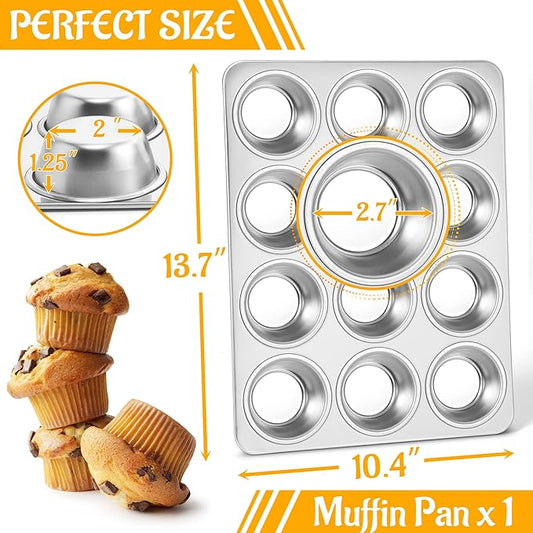 E-far Muffin Pan 12-Cup, Stainless Steel Cupcake Pan Metal Muffin Baking Tins for Oven, Regular Size & Easy Clean, Non-toxic & Dishwasher Safe