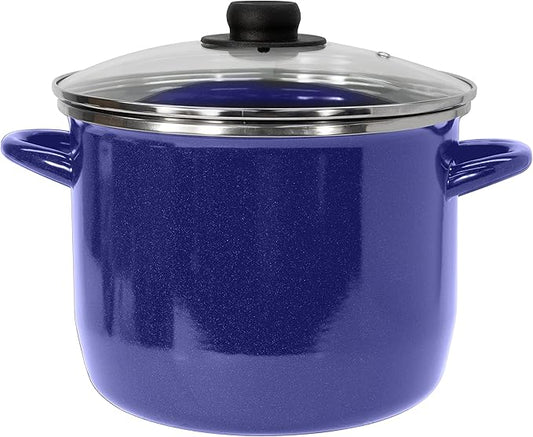 EKCO EOS 8-Quarts Alloy Steel Speckled Stockpot with Glass Lid - Dishwasher and Oven Safe Cooking Pot up to 350°F - Induction Cookware for All Cooktops - Non-Reactive Enameled Soup Pot - Blue