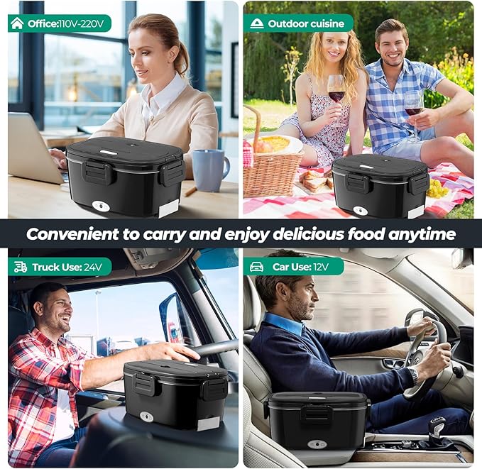 Electric Lunch Box for Adults 100W Fast Heated Lunch Box for Men Women with Dual 1.5L Stainless Steel Containers Fast Heating Portable Food Warmer 12V/24V/110V Lunch box, Home/Office/Truck