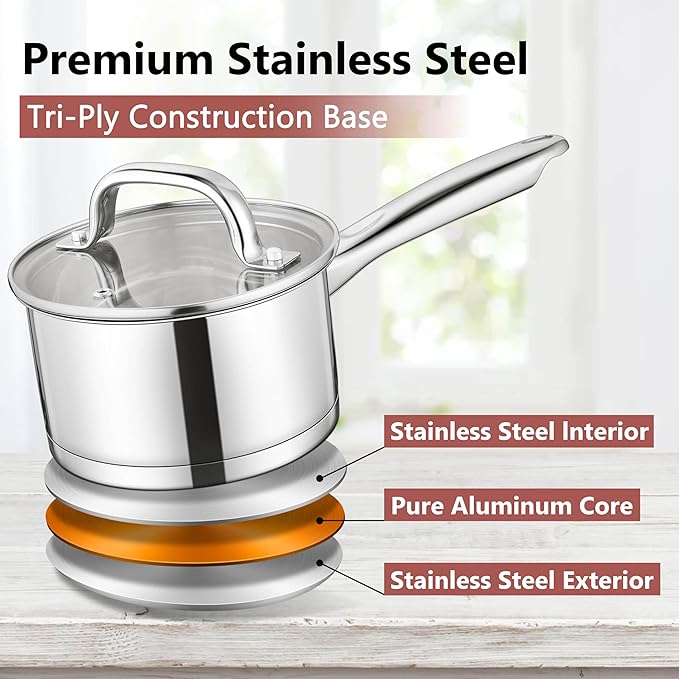 E-far 1 Quart Saucepan with Lid, Stainless Steel Small Sauce Pan Boiling Pot for Cooking, Compatible with All Stoves, Healthy & Non Toxic, Oven & Dishwasher Safe