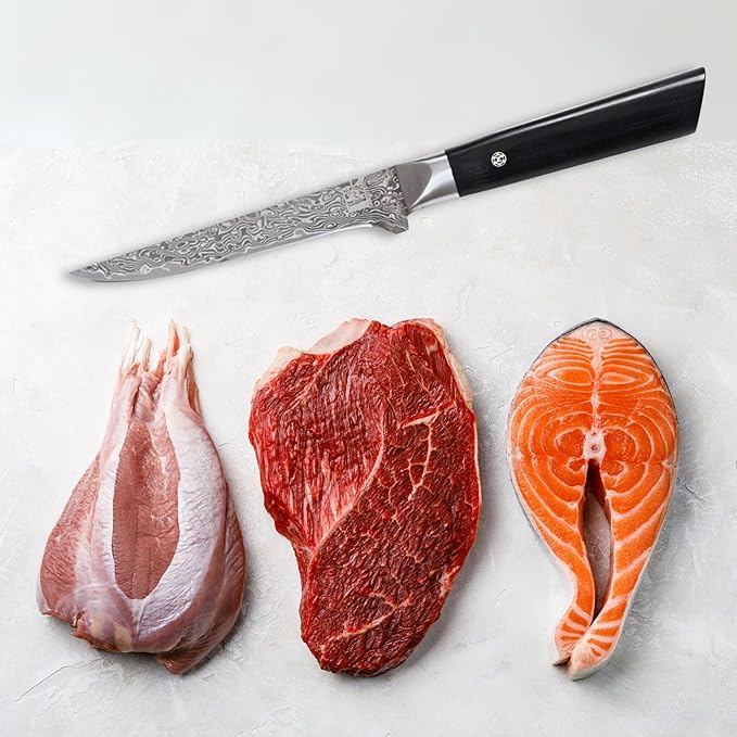 zayiko Black Edition Damascus Filleting Knife Boning Knife | 14 cm blade made of 67 layers of VG10 Damascus steel | Pakkawood handle | Kitchen knife for boning and paring meat | Elegant gift box