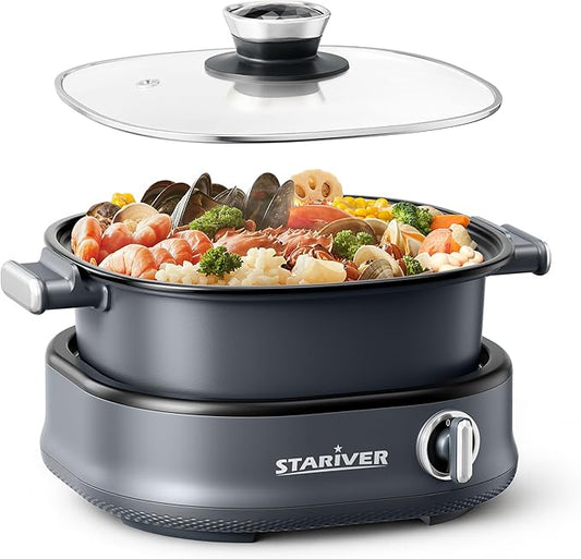 Stariver 3L Non-Stick Hot Pot Electric with Dual-Power Control,Electric Shabu Shabu Pot with Removable Pot, Electric Pot with Tempered Glass Lid for Party, Family Gathering（Silver）