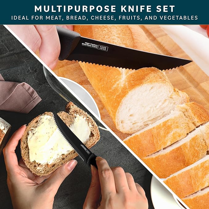 Home Hero Steak Knife Set - Effortless Cutting & Serrated Steak Knives - Rust-Resistant Stainless Steel Blades & Cutlery Set - Comfort-Grip Handles & Kitchen Knife Set - Pack of 4, Black