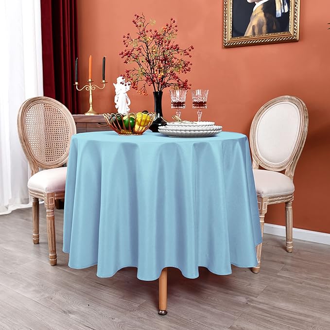 MEANMOY Baby Blue 210 GSM Water & Stain Resistant Round Tablecloth for Circle Table - Solid 60 Inch Table Cloth Cover in Wrinkle Free Durable Washable Polyester Fabric for Wedding, Party, Banquet