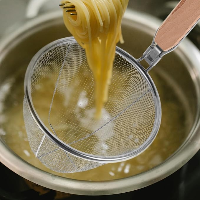 Stainless Steel Pasta Strainer Basket with Wooden Handle 13 Inch Noodle Skimmer Spoon for Cooking Dumplings Hot Pot and Food Draining