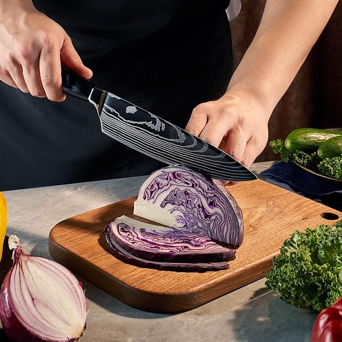 SENKEN 8-Piece Japanese Knife Set - Black Resin Handle, Laser Damascus Pattern - Onyx Collection - Chef's Knife, Cleaver, Santoku, Bread & Paring Knives