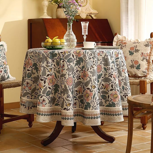 ISAENNE Designer Boho Floral Round Tablecloth,Linen Lotus Flower Pattern Colorful Indoor Table Cloth,Durable Decor Tablecloths for Dining Thanksgiving Kitchen Christmas,Diameter 67"-Hazel A
