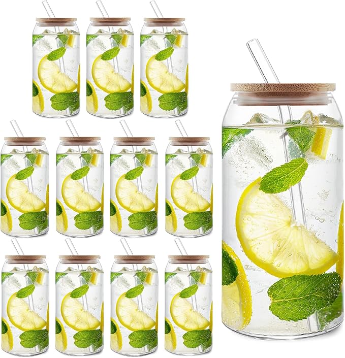 HOMBERKING Glass Cups with Bamboo Lids and Straws 12pcs Set, 20oz Can Shaped Glass Cups, Beer Glasses, Iced Coffee Cup, Cute Tumbler Cup with Cleaning Brushes, Ideal for Cocktail, Whiskey, Tea