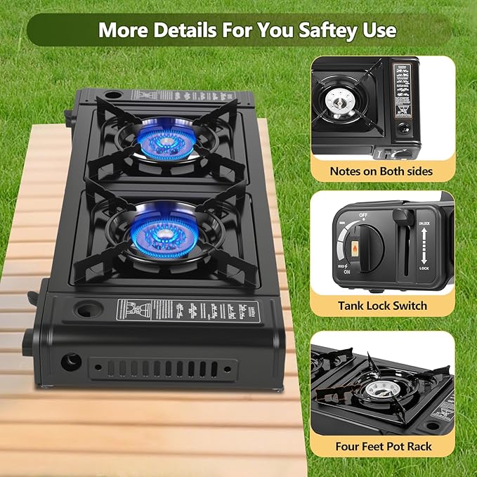 Double Burner Butane Stove, Butane Camping Stove Kit with Baking Pan and Carrying Case, Portable Camping Burner for RV, Apartments, Outdoor