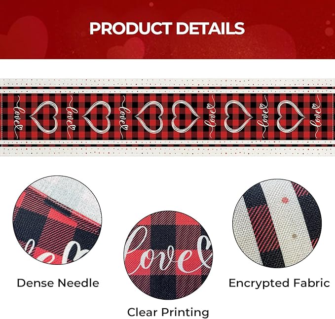 Valentines Day Table Runner 13x120 Inch, Buffalo Plaid Love Hearts Valentine Table Runner, Anniversary Home Kitchen Dining Table Holiday Party Decorations