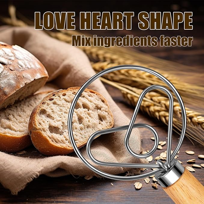 TEEVEA Danish Dough Whisk for Bread Sourdough, Wooden Handle & Stainless Steel Hook