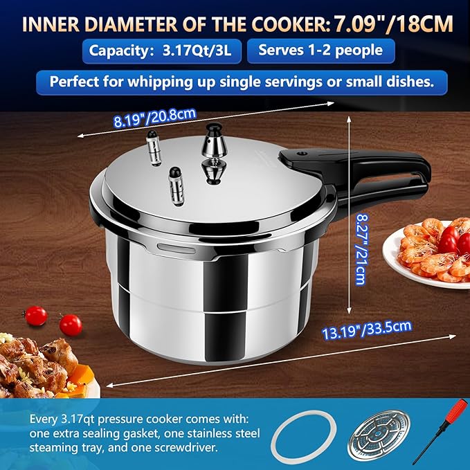 3.17 Quart Pressure Cooker Aluminum, Small Mini All Stovetops Induction Compatible Thickened Pressure Cooker with Spring ollas de presión para cocinar 3+qt