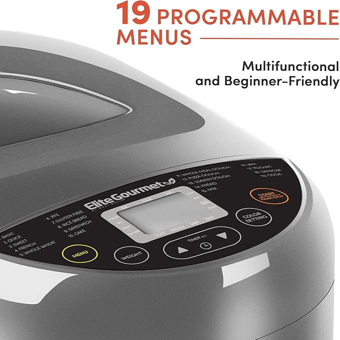 Elite Gourmet Programmable Bread Maker with PFAS Free Ceramic CERALAST™ Bread Pan & Kneading Blade, 19 Menu Functions Gluten-Free, White, Wheat, Rye, French & more, 2lbs, Gray