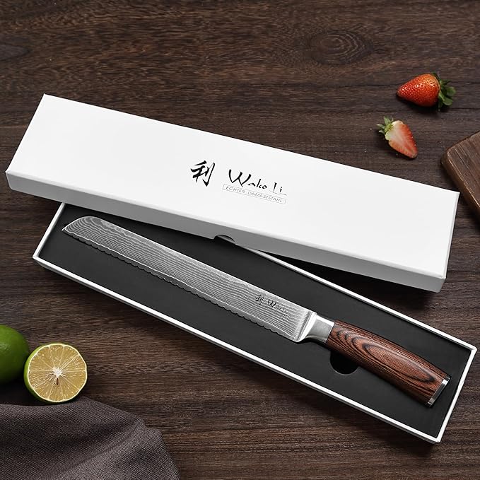 Wakoli EDIB Damascus Bread Knife – 9.1-Inch Long Serrated Blade with VG10 Core, Professional Kitchen Knife made of 67-Layer Damascus Steel & Ergonomic Pakkawood Handle in Premium Gift Box