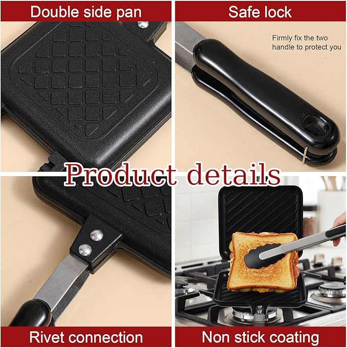 Sandwich Maker, Grilled Panini Maker Pan with Non-Stick Plates, Stovetop Toasted Sandwich Makers Press, Double Sided Aluminum Flip Cheese Makers Frying Pan for Home Kitchen Breakfast Camping