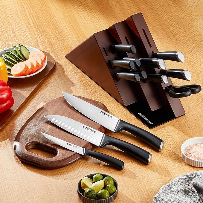 KINGSTONE 14-Piece Knife Block Set, Precision-Honed High-Carbon Stainless Steel Knives with Long-Lasting Sharpness, Ergonomic Balanced Handles for Home & Serious Cooks, Walnut