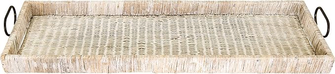 Creative Co-Op Oversize Decorative Rattan Tray with Metal Handles, Tan, Whitewashed
