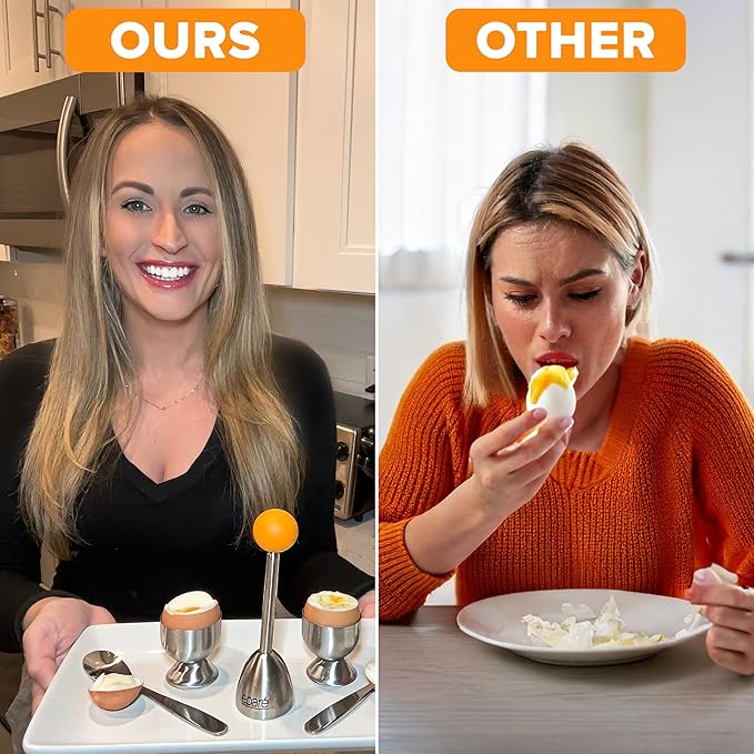 Eparé Egg Cups for Soft Boiled Eggs with Spoons & Egg Timer - Stainless Steel Egg Topper - Durable Egg Opener Topper Cutter - Giftable Egg Cracker Tool for English Breakfast