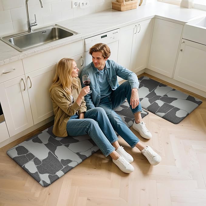 GENIMO Kitchen Mats for Floor 2PCs, Washable Anti Fatigue Mat for Cushioned, 17.3"x47"+17.3"x30", Waterproof Kitchen Rugs, Non Slip Comfort Standing Mat Rug for Sink, Laundry, Home, Black & White