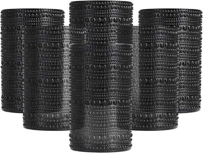 Fortessa Jupiter Beaded Hobnail Glass, 13 Ounce Iced Beverage (Set of 6), Obsidian Black