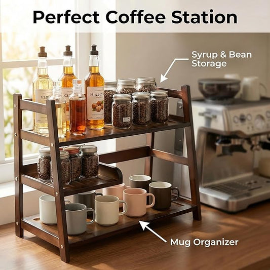 3 Tier Bamboo Matcha Station, coffee station organizer Shelf with Drawer for Kitchen Countertop, Tea Bar - Matcha Powder, Tools & Cup Organizer for Matcha Lovers, Home Baristas.