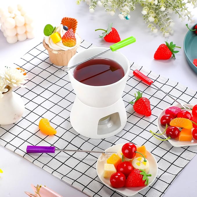 Mudder 6 Pieces Fondue Mug Ceramic Pot and 24 Pieces Forks Set for Melting Chocolate, Cheese, Broth or Tapas on Valentine's Day Gift(White)