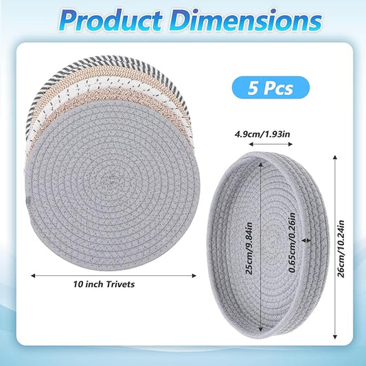 10 Inch Trivets for Hot Dishes, Pots and Pans, 5 Pcs Thick Heat Resistant Large Coaster Pot Holders, Hot Pads for Countertops, Kitchen Essentials with Storage Basket
