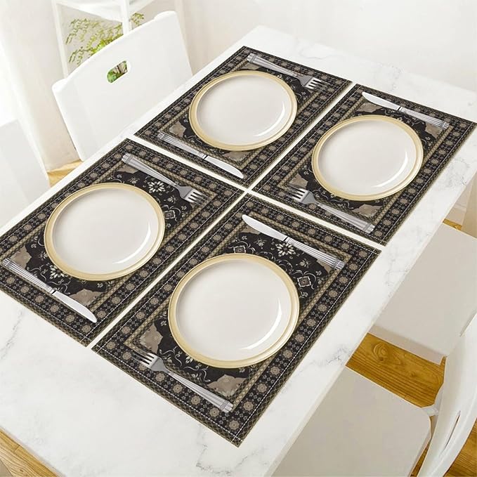 Ethnic Placemats Set of 4 Persian Bohemian Floral Art Printed Dining Table Mats for Restaurant Home Kitchen Holiday Picnic Party Decor 12x18in