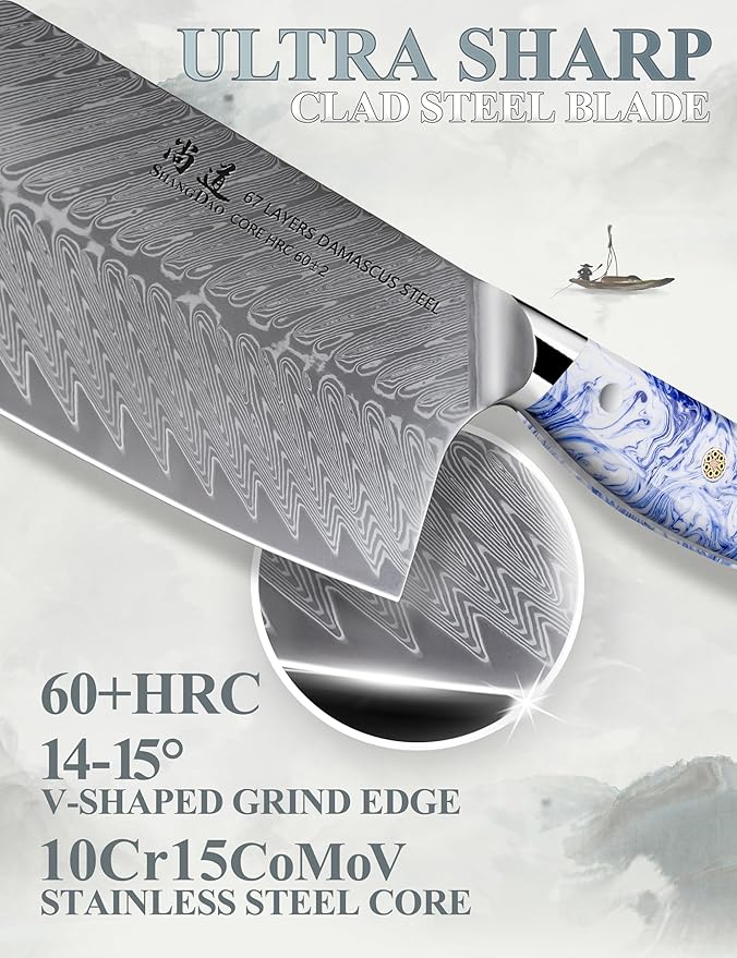 SHANGDAO 7 Inch Chinese Chef Knife,Cleaver Kitchen Knife Professional Vegetable Knife, Forged Damascus Steel with Blue and White Resin Handle - Full Tang - HUA Series
