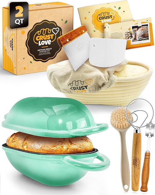 CRUSTLOVE Loaf Pan for Bread Baking - incl. Sourdough Bread-Baking Supplies like Banneton Bread-Proofing Basket - 2QT Enameled Oval Cast Iron Dutch Oven, Bread-Oven, Sour Dough Bread-Banking-Pan Tools