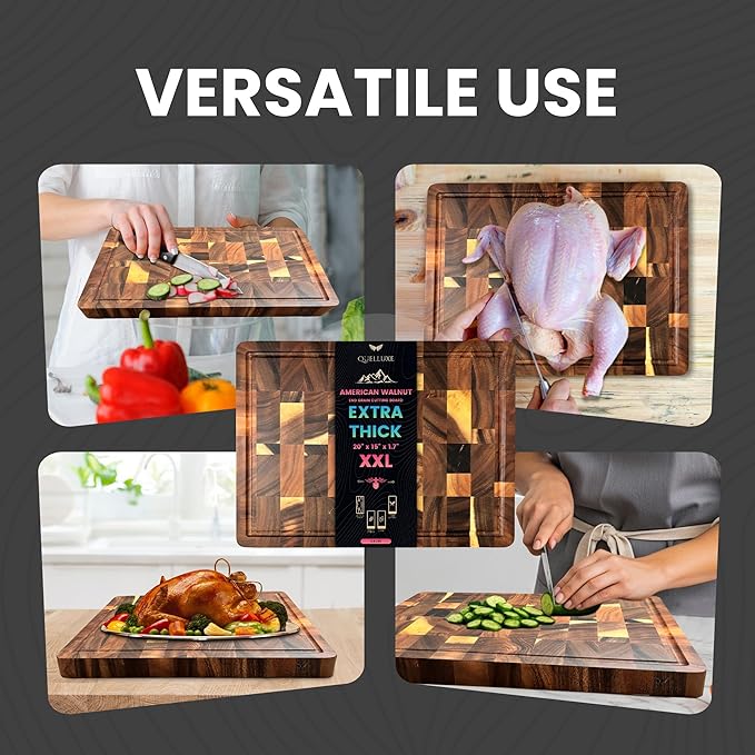 (1.7" Extra Thick & Large) 20"x15" American Black Walnut Wood End Grain Cutting Board for Kitchen with Juice Groove, Inner Handles, Heavy-Duty Butcher Block, Wooden Chopping Board, Charcuterie Boards