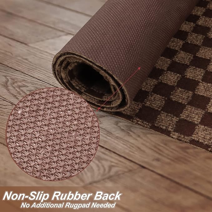 2' x 74' Runner Rugs with Rubber Backing, Indoor Outdoor Utility Carpet Runner Rugs, Checkered Brown, Can Be Used as Aisle for The RV and Boat, Laundry Room and Balcony
