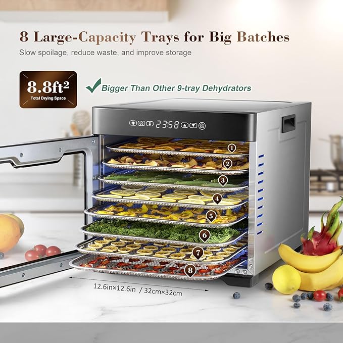 Commercial Large Food Dehydrator, Usable Area up to 9 ft², 800W Full Stainless Steel Dryer Machine, up to 190℉ Temperature, for Meat, Fruit, Veggies, Beef, Herbs (8-Trays Dehydrator)